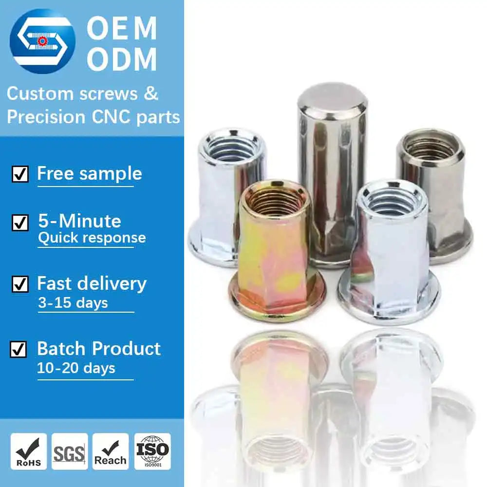 High Strength Carbon Steel Rivet Nuts Zinc Plated M3-M12 Flat Head Knurled for Electrical Enclosures & Furniture Assembly