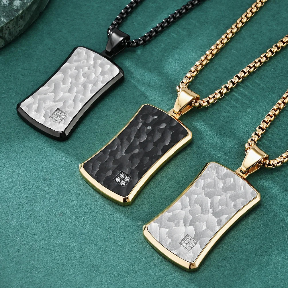 New Hammered Rectangular Pendant Jewelry with Diamond Cubic Zircon Inlaid Gold Black Plated Stainless Steel DogTag Necklace