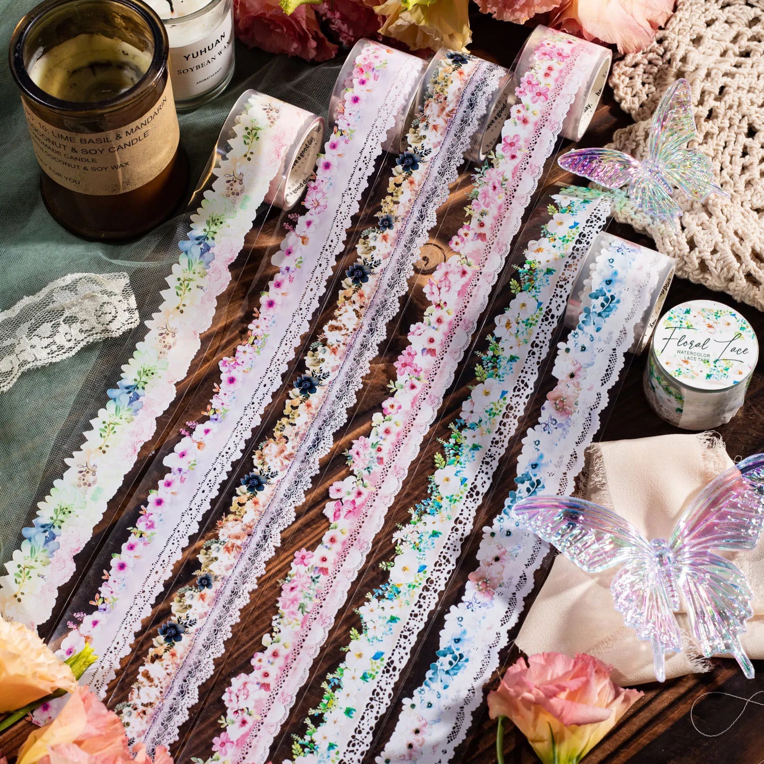 2M/Roll PET Tape Flower Lace Series Watercolor Lace Handbook Decorative Embellishment Material Stickers