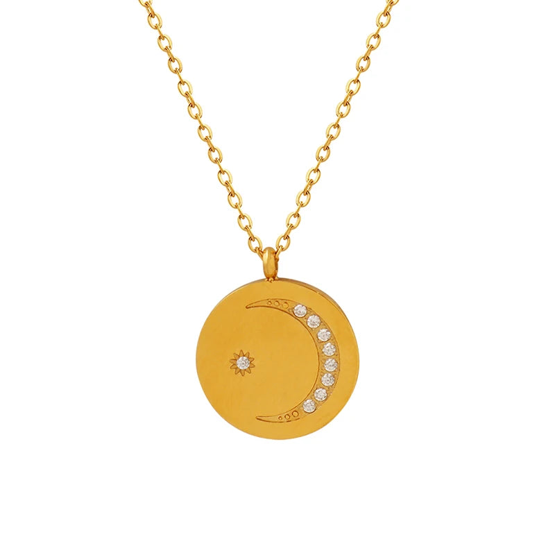 Simple Round Brand Zircon Crescent Moon Necklace Women's Stainless Steel Material Color Retention