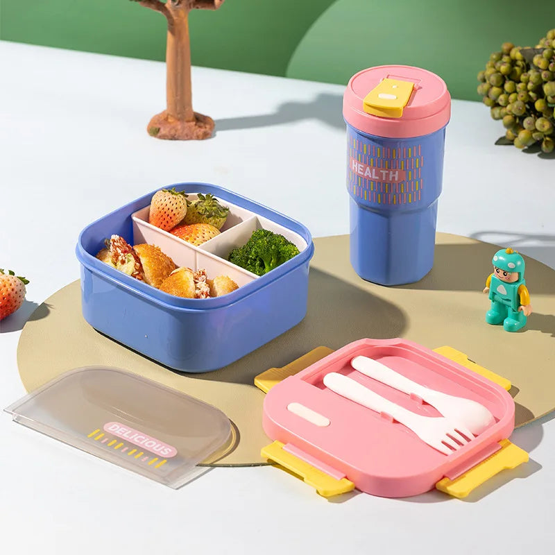 New Custom Portable Square Plastic Lunch Box for Kids Microwavable Camping Bento Box With Cutlery Kitchen Food Storage Container