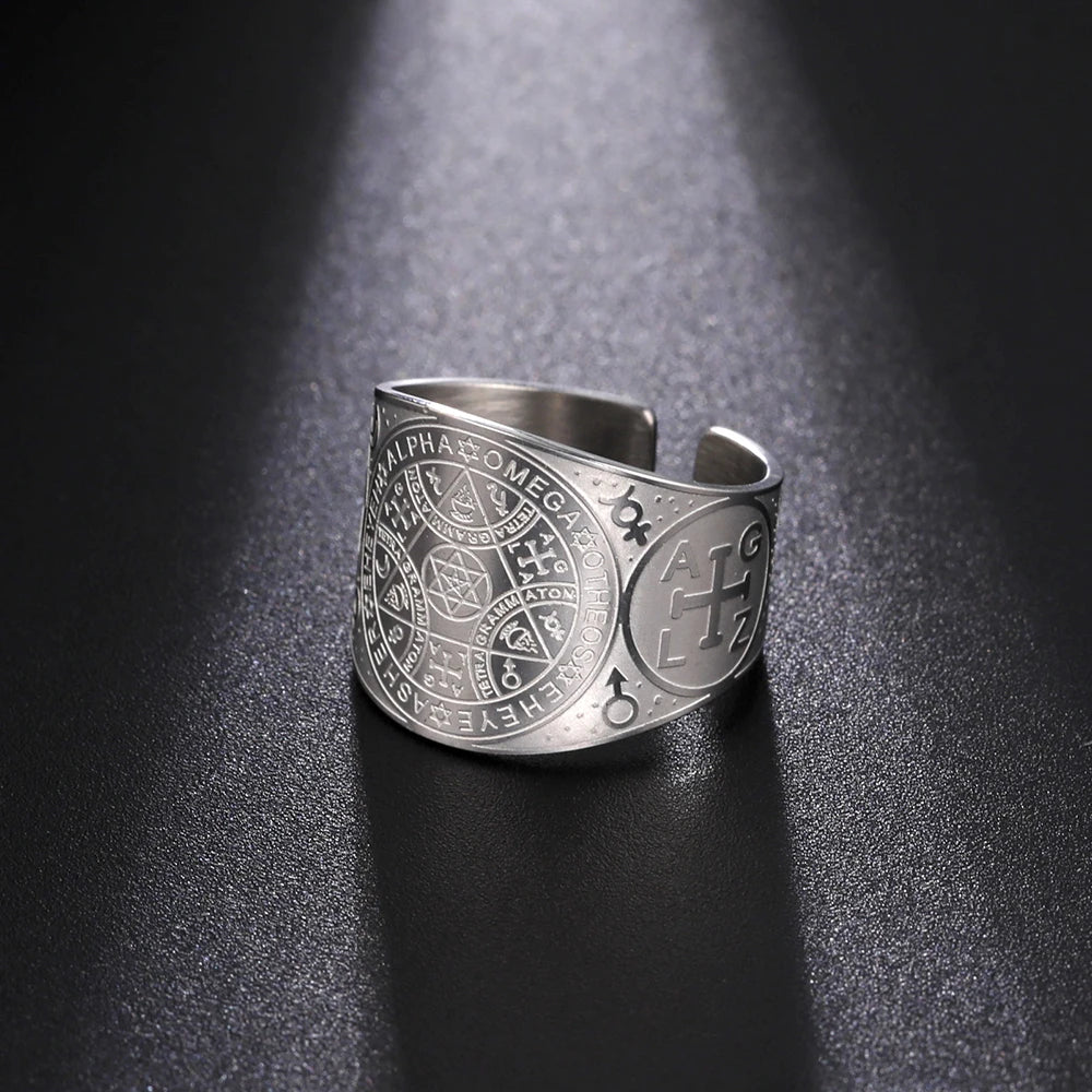 Hot Selling Enochian Magic Angel Ring Solomon Kabbalah Protection Amulet Stainless Steel Hexagram Triangle Religious Jewelry