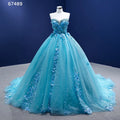 Rsm67489 Custom Wholesale Women Elegant Lace Fabric 3D Flower Tube Top Beaded Blue Evening Dress