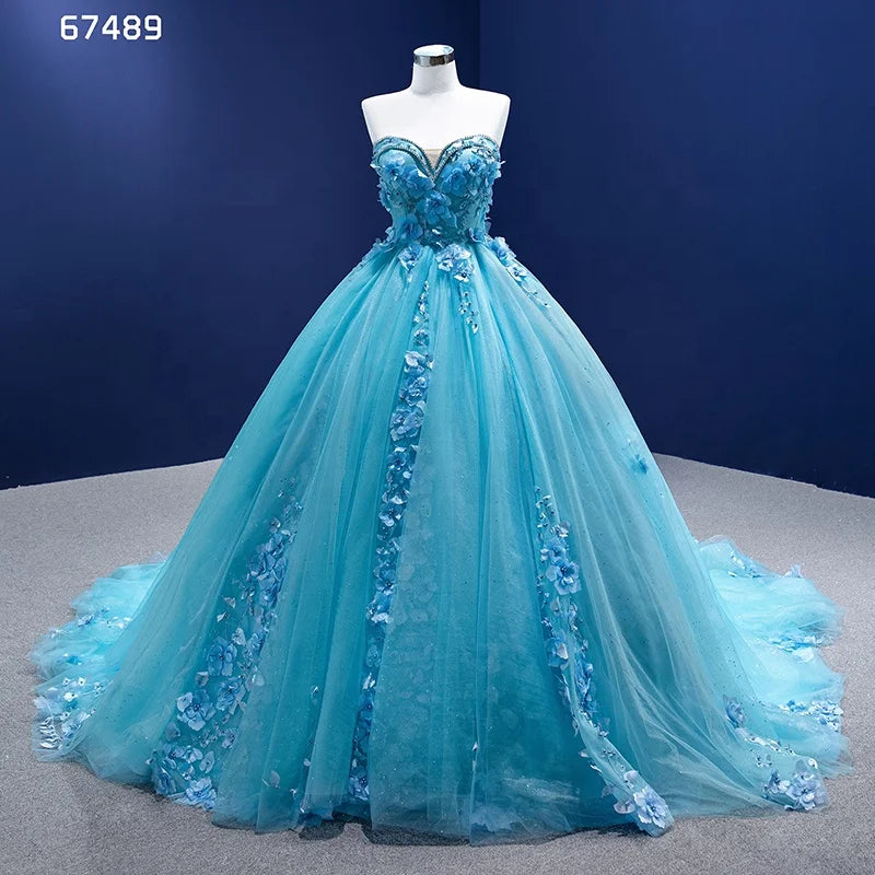 Rsm67489 Custom Wholesale Women Elegant Lace Fabric 3D Flower Tube Top Beaded Blue Evening Dress