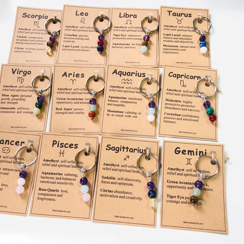 Crystal Keychain Zodiac Sign Paper Card Twelve Signs Astrology Horoscope 12 Key Chain Rings Amethyst Citrine Unakite Jewelry