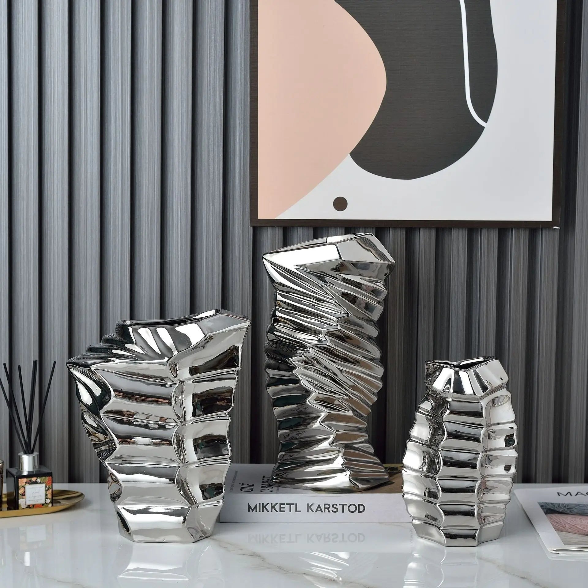 Luxury Three-Piece Ceramic Vase Set Modern Abstract Design Gold Silver Electroplated for Home TV Cabinet Ornaments Angelica