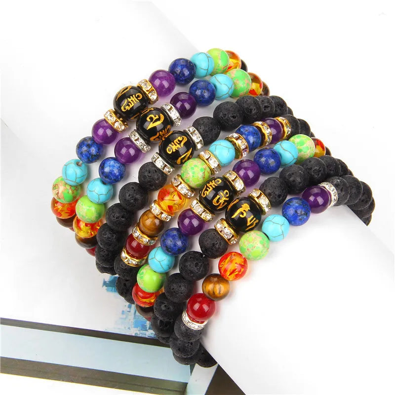 Custom Fashion Cheap Lucky Chakra Making Cuff Pyrite Lava Rock Healing Crystal Natural Stones Bracelet for Women and Men