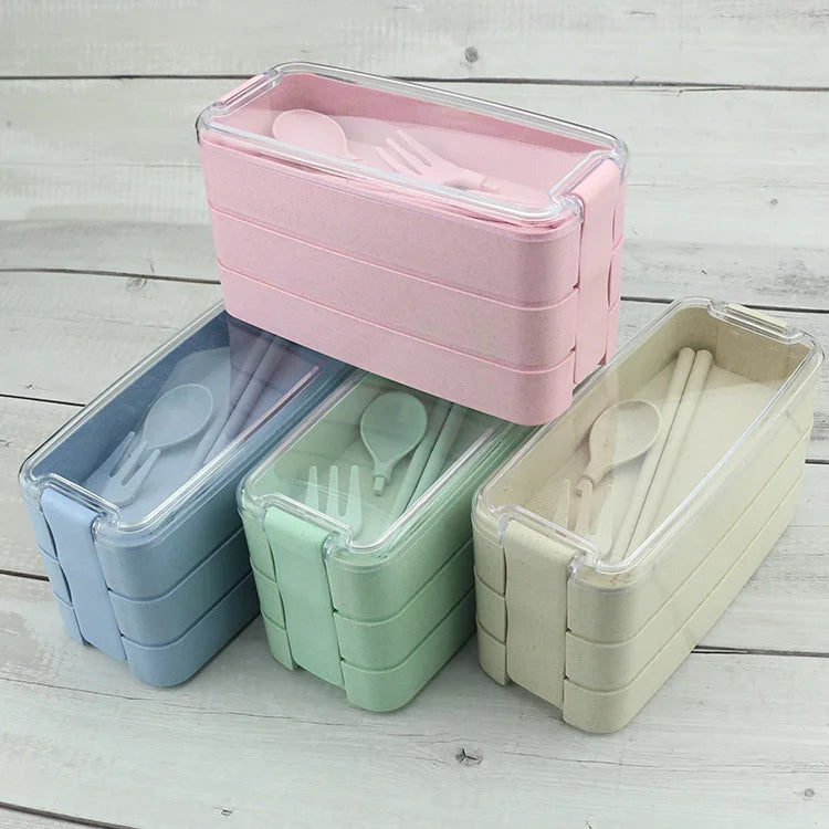 Wheat and Straw Grade Material Leak Proof 3 Layer Container Food Plastic Bento Student Lunch Box With Spoon and Fork