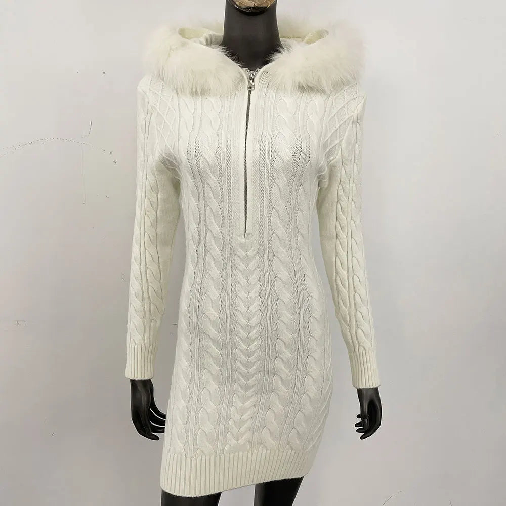 OFTBUY Soft Winter Real Fox Fur Autumn Warm Knitted Coat Long Zipper Hooded Women Jacket Casual Sweater Jacket Slim Elegant