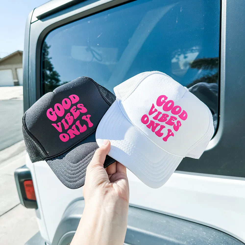 For Amazon Good Vibes Only Women's Summer Beach Mesh Truck Hat 3D Foam Printed 5-Panel Baseball Cap with 3D Embroidery