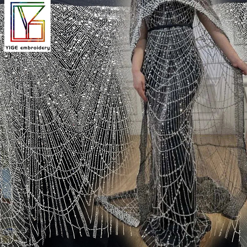 Luxury Women Beaded Fabric Sequence Beads Laces Wedding Dress Party Pearl Lace African Embroidered Tulle Lace Fabric