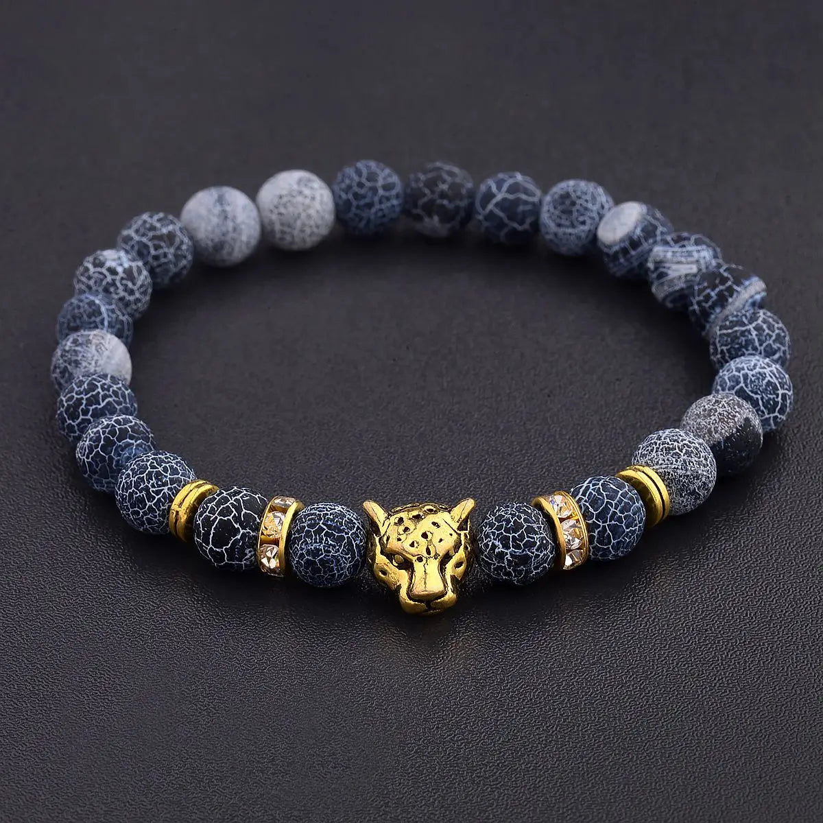8mm Weathering Stone Leopard Head Beaded Bracelet for Men New Fashion Natural Stone Tiger Eye Onyx Lava Beads Bracelets