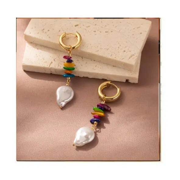 Personalized Colorful Natural Stone Splicing Pearl Earrings Simple Brass Buckle Women Fashion Earrings Jewelry