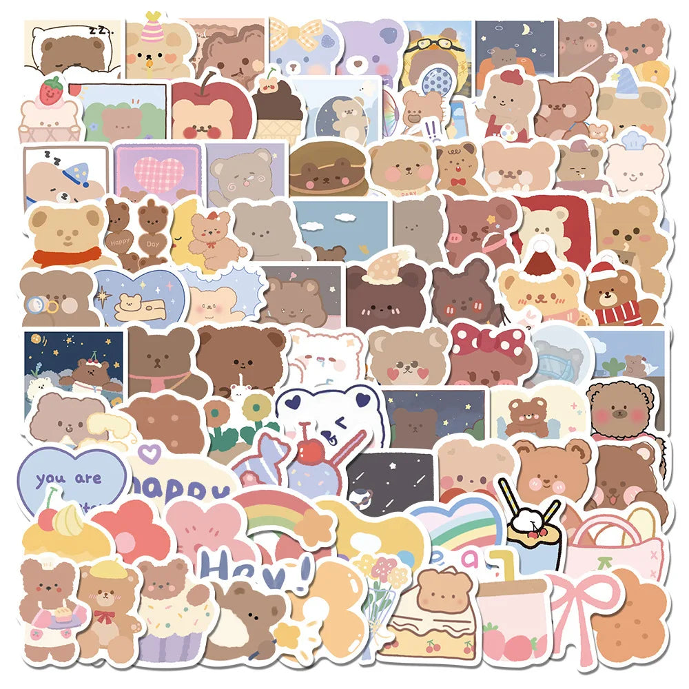 102Pcs New Korean Bear Cartoon Girl Decorative Stickers for Phone Wall Notebook Custom Kawaii Kid Sticker Label