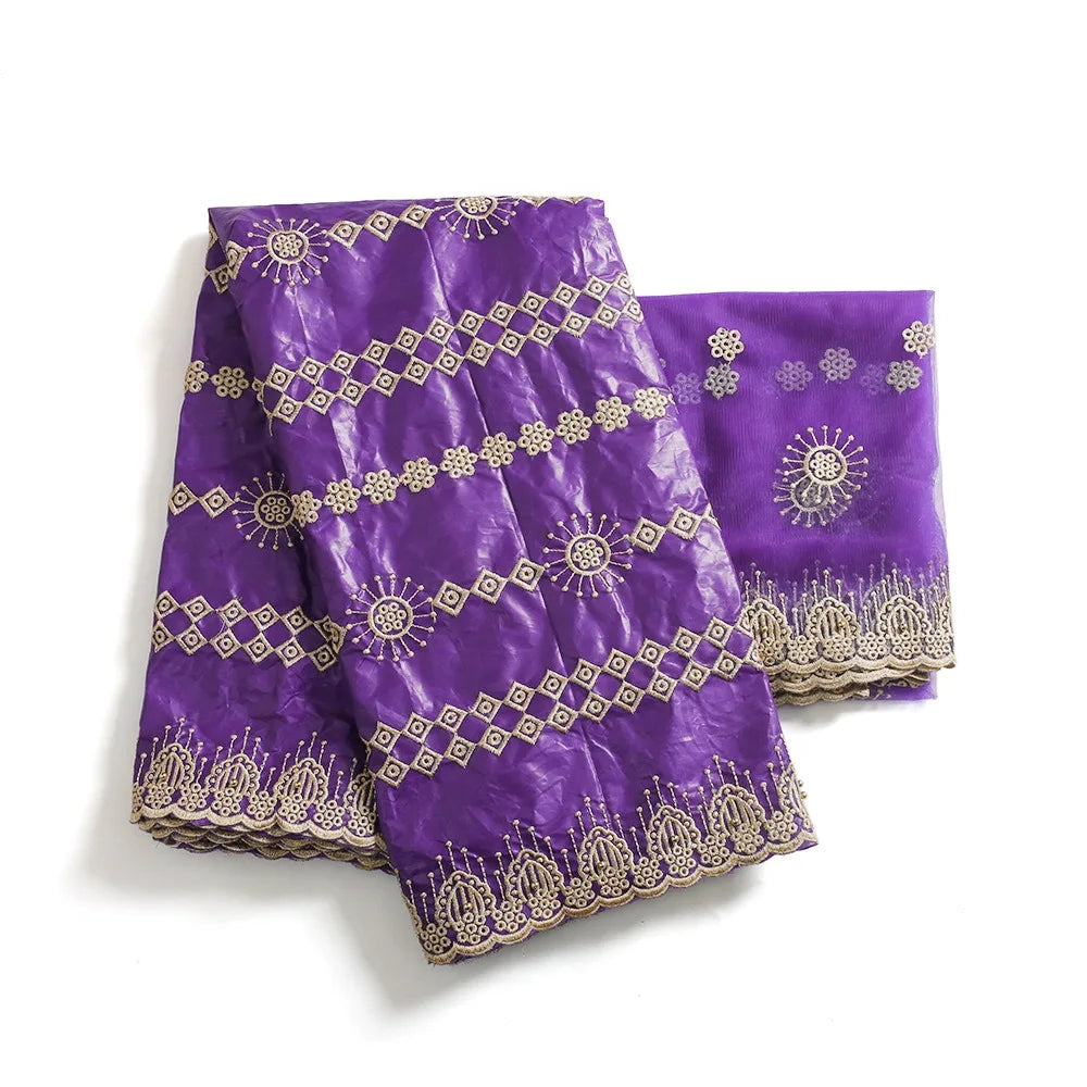 2024 Latest Embroidery Bridesmaid Clothes African Women Bazin Five Yards Bazins Fabric With Two Yard Scarf Set K0226
