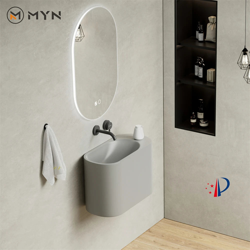 Color Hot Sale Gray Oval Shape Wall Mounted Artificial Stone Bathroom Sink Lavabo Washbecken for Hotel