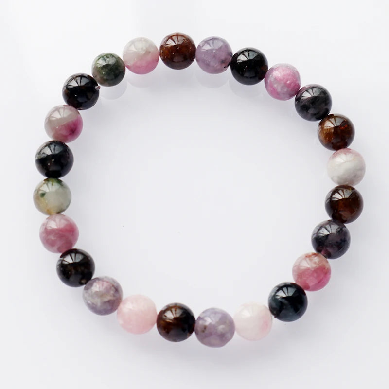 Natural Rainbow Tourmaline Stone Bead Bracelet Healing Crystal Stretch Bracelet for Women Men