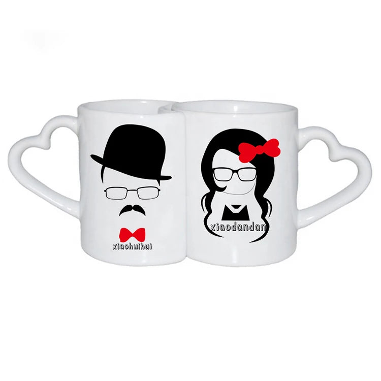 Custom 11oz Sun Moon Heart Handle Couple White Coffee Cups Heat Transfer Ceramic Coated Mugs with logo