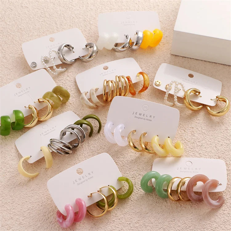 VKME Hot Selling Resin Hoop Earrings Sets for Women Acrylic Vintage Geometric Round Circle Cuff Earrings New Jewelry Gift