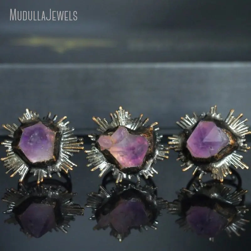 RM48675 Soldered Jewelry Raw Amethyst Crystals Healing Stones Free Form Point Adjustable Handmade Rings Antique Bronze Plated