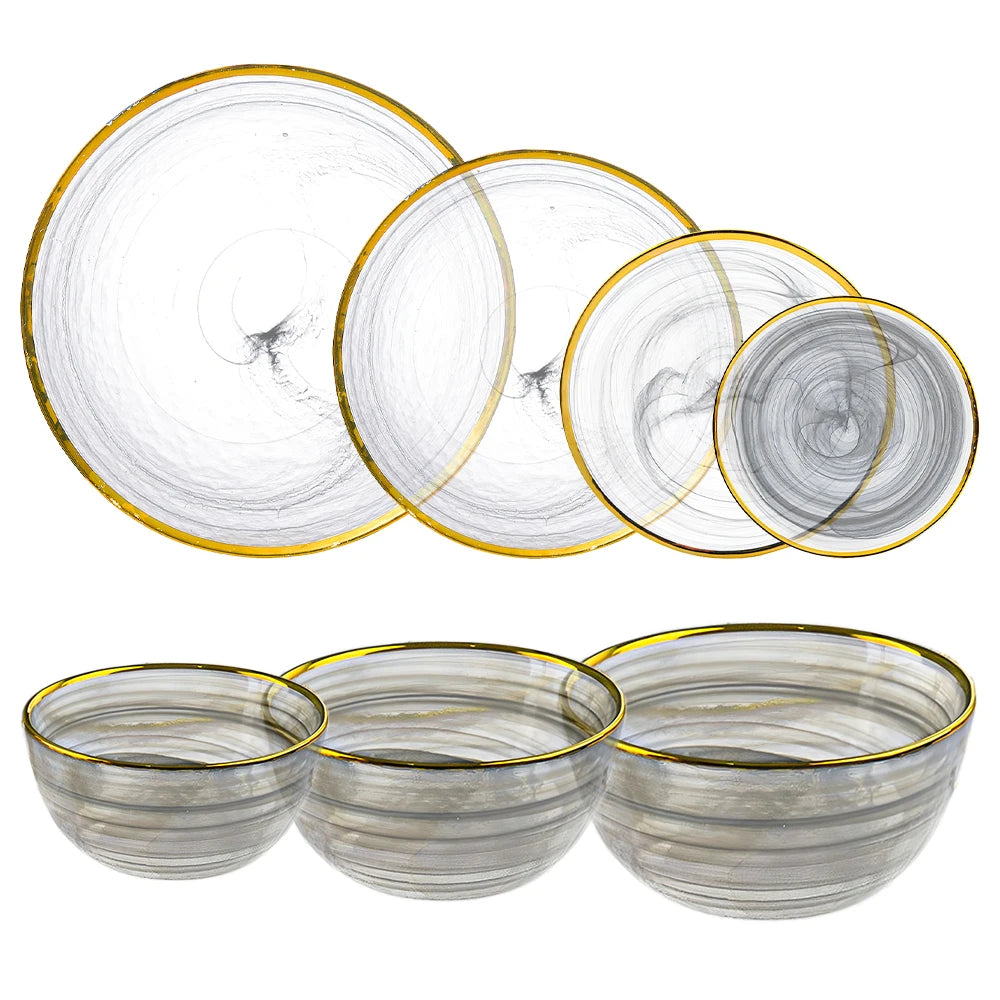 New Arrival Dinnerware Wedding Banquet Glass Decoration Plates Smokey Clear Gold Rimmed Charger Plates