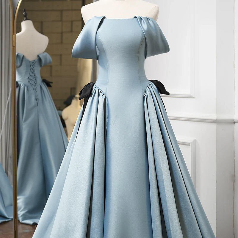 Jancember LDC6567 Blue Tiptop Satin Off the Shoulder Pleat Lace up Boat Neck Wedding Dresses