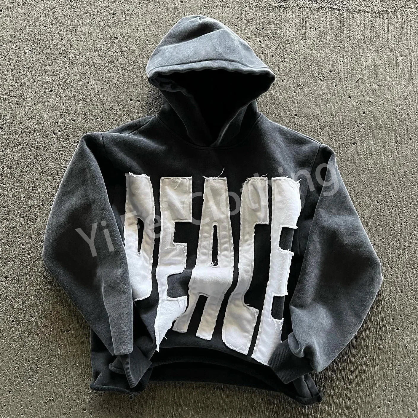 French Terry Heavyweight Letter Patch Embroidery Pullover Acid Wash Hoodie Cut Edge Hem Vintage Wash Hoodie