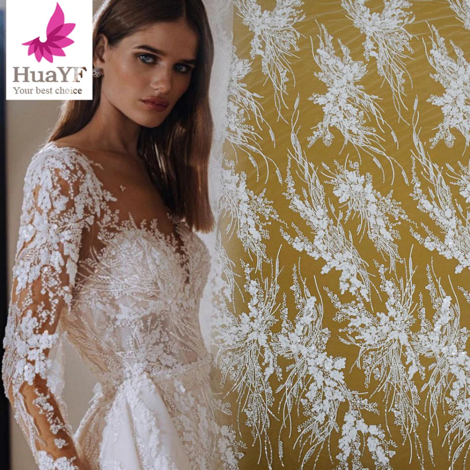 Hot French White 3d Beaded Sequins Lace Wedding Bridal Flower Embroidery Lace Dress Fabric for 5 Yards HY2181-1