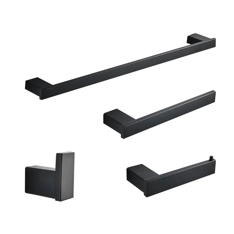 Modern Four-Piece Square Matte Black Stainless Steel Wall Mounted Bathroom Accessories Set for Hotel Washrooms