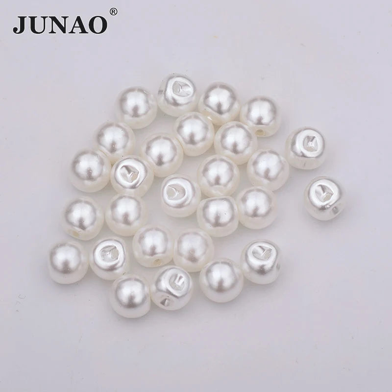 JUNAO Wholesale 8mm 10mm 12mm White Pearl Buttons Sew on Decoration Rhinestone Beads for Shirt Clothes