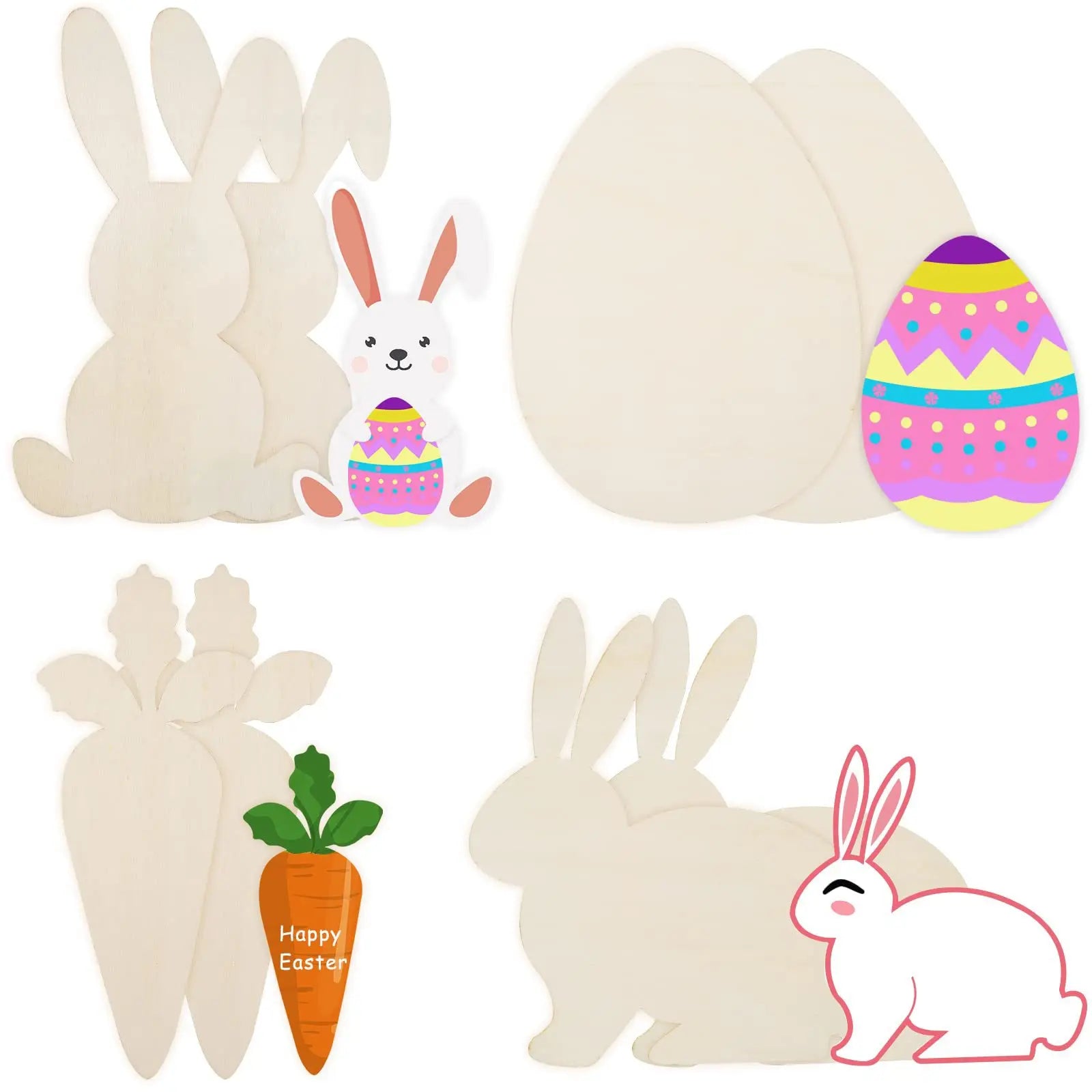 Wholesale 8 Pcs Wooden Ornaments Unfinished Wooden Easter Bunny Eggs and Carrots for DIY Decor Dropshipping