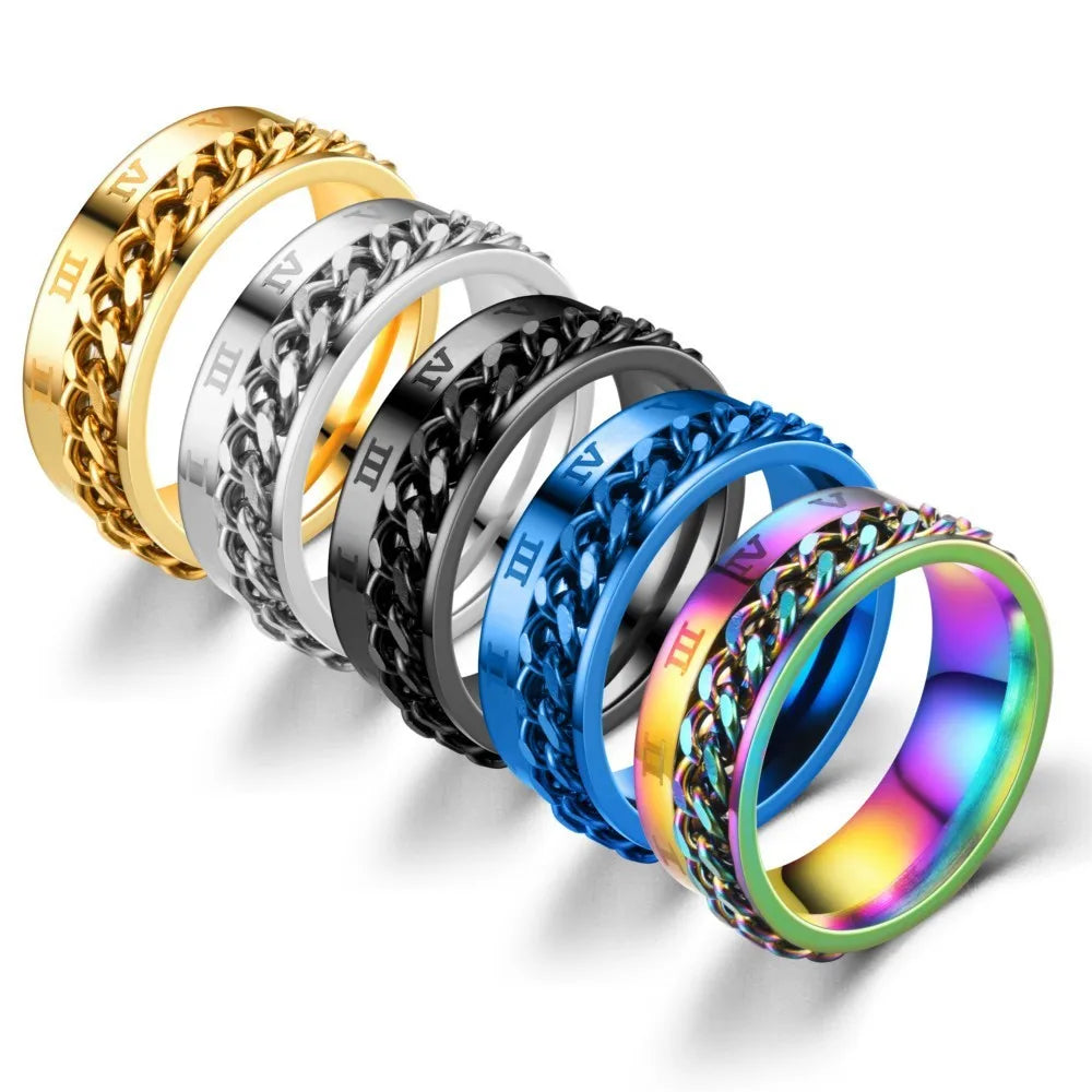 Fashion Non Tarnish 8mm Stainless Steel Roman Number Rotatable Chain Anxiety Fidget Ring Jewelry for Women Men