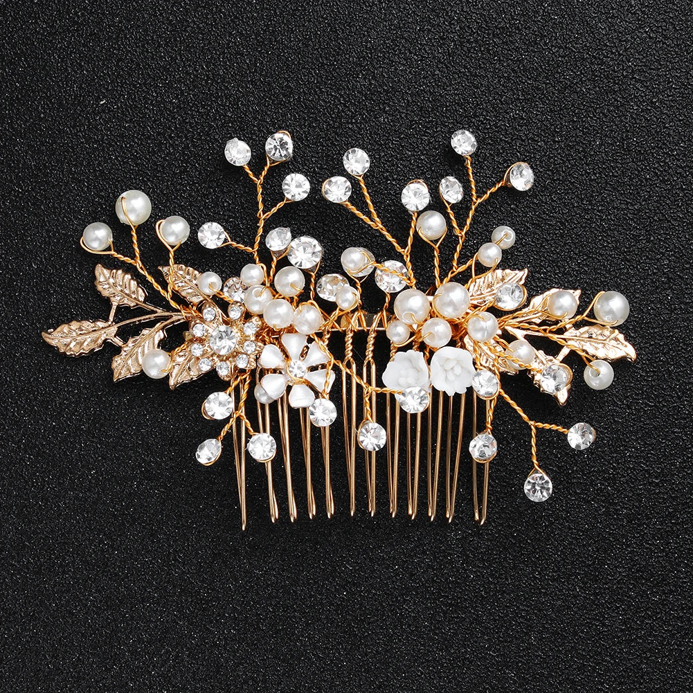 Wholesale Fashion Wedding Party Jewelry Rhinestone Pearl and Crystal Gold Hair Comb Clip for Bridal Accessory