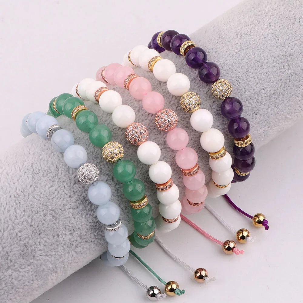 New Design Luxury Bracelet Natural Stone Beads CZ Pave Charm Braided Adjustable Bracelet Custom Women