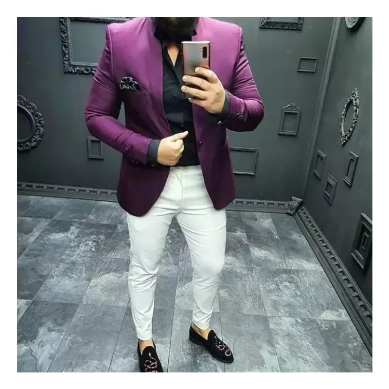 Fashion Purple Men Suits With White Pant One Button Slim Fit 2 Pieces Set (Jacket+Pants) Men Wedding Suit for Tuxedo Male Blazer