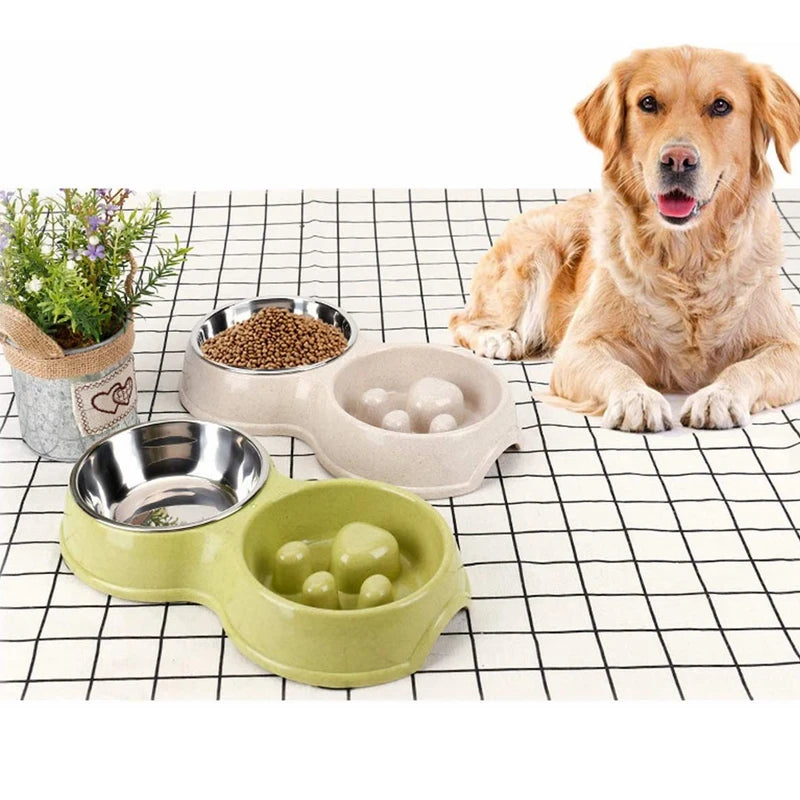 Portable Modern Raise Pet Dog Feeding Bowl Non Slip Cat Stainless Steel Metal Double Water Food Slow Feed Eating Feeder Dog Bowl