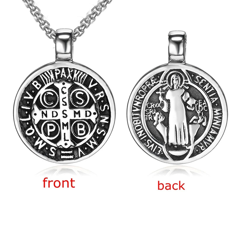 Religious Catholic Jewelry European Style Stainless Steel Saint Benedict Exorcism Medal Catholic Cross Pendant Necklaces