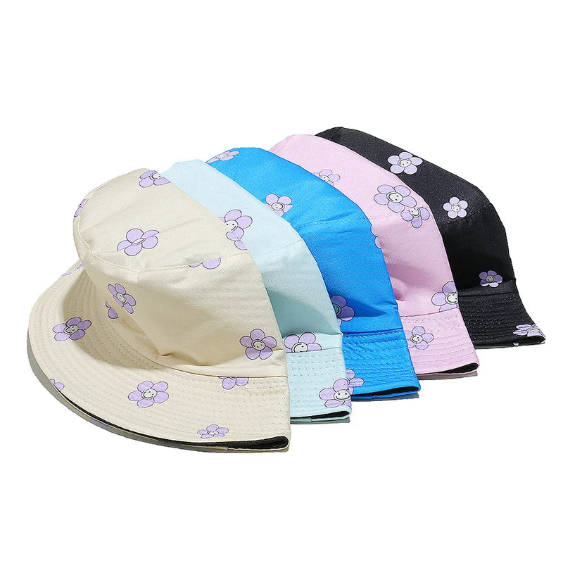 Landfond Sun Travel Caps Panama Cap Girly Double Sides Reversible Fisherman Hats Smile Floral Printing Cartoon Flower Bucket Hat