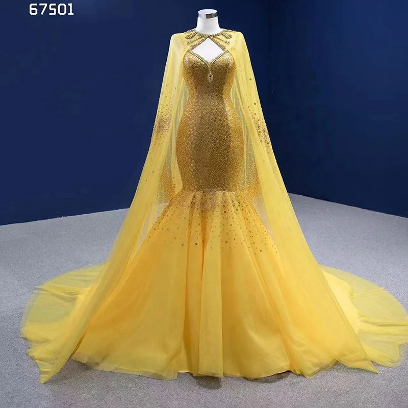 Rsm67501 2022 New Custom Dress Fish Scale Yellow Detachable Shawl Ladies Sequin Dress