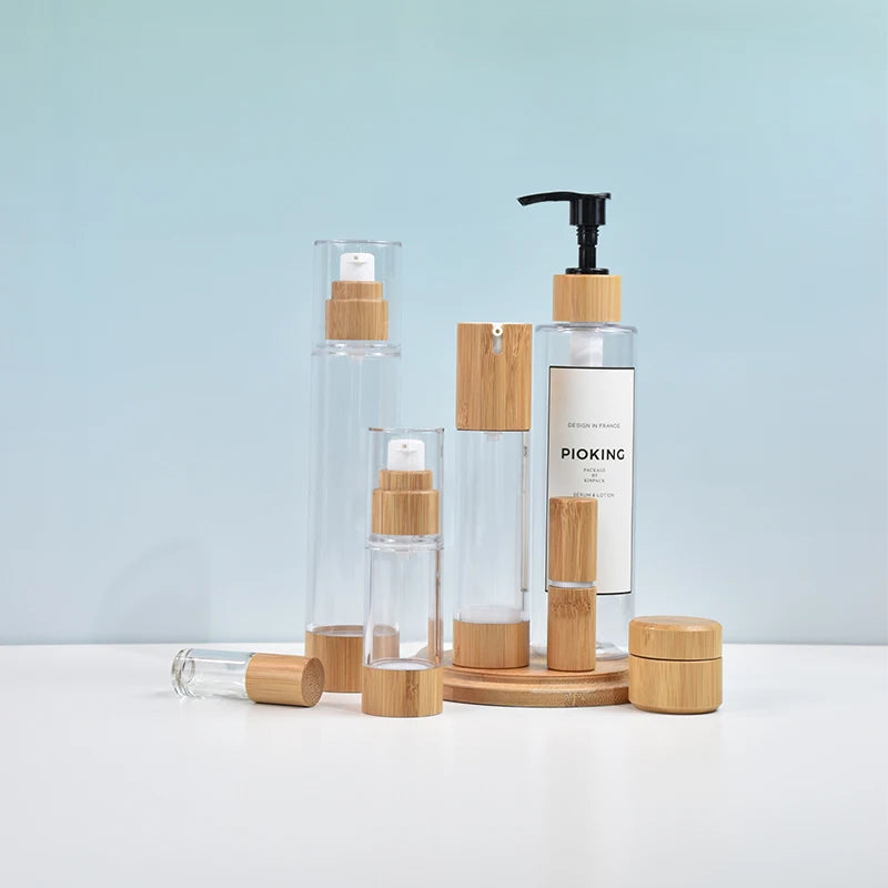 Sprayer Lotion Bottle Plastic Airless Bottle Transparent Unique Bamboo with Bamboo Pump 15ml 30ml 50ml Packaging for Cosmetics