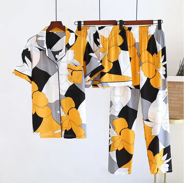 Comfortable Plus Size Women's Summer 3pcs Set Knee-Length Printed Loungewear Relaxing Pajamas for Women