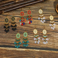 Boho Women Jewelry Colorful Dripping Oil Flower Round Earrings Retro Teardrop Beads Long Tassel Drop Earrings