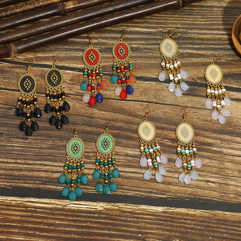 Boho Women Jewelry Colorful Dripping Oil Flower Round Earrings Retro Teardrop Beads Long Tassel Drop Earrings