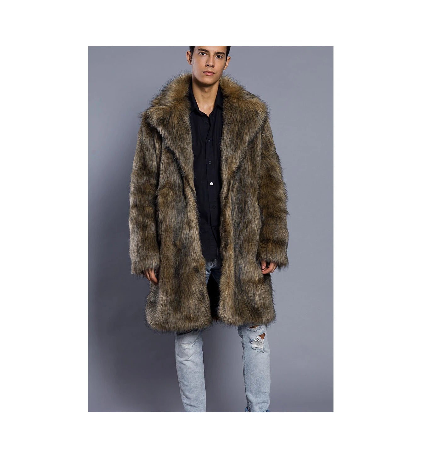 Men's Thick Faux Fur Trench Coat Waterproof Breathable Eco-Friendly Long Overcoat