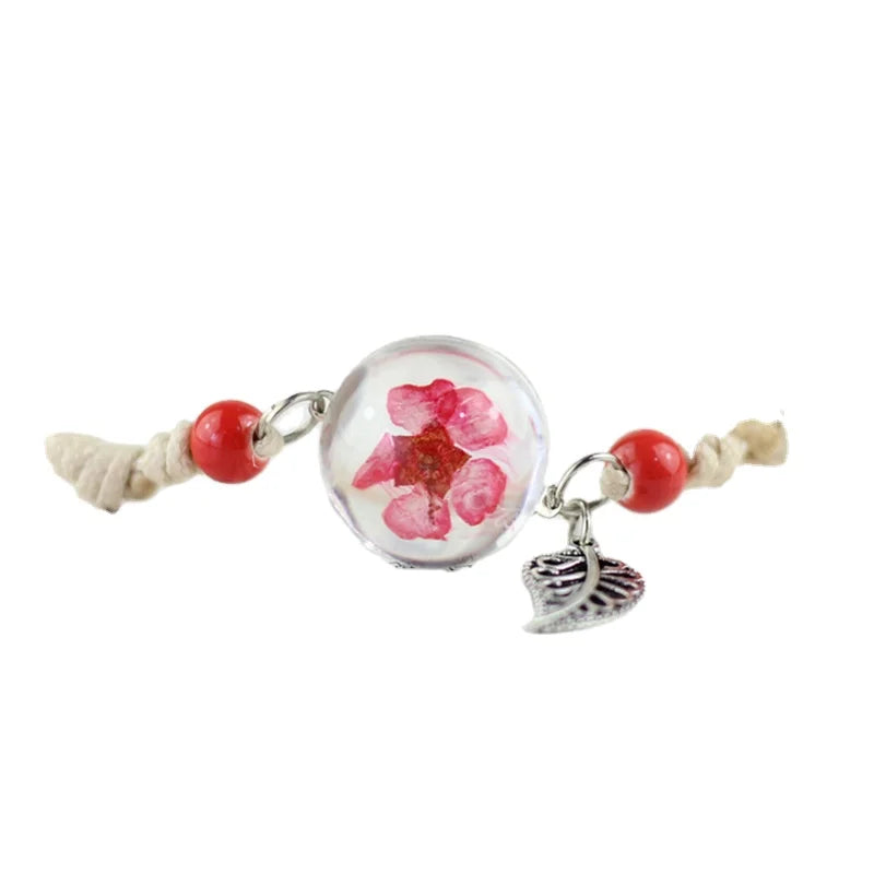 Fashion Korean Pressed Floral Bracelet Handmade  Glass Beaded Chain Bracelet Adjustable Dry Flower Pedal Glass Ball Bracelet
