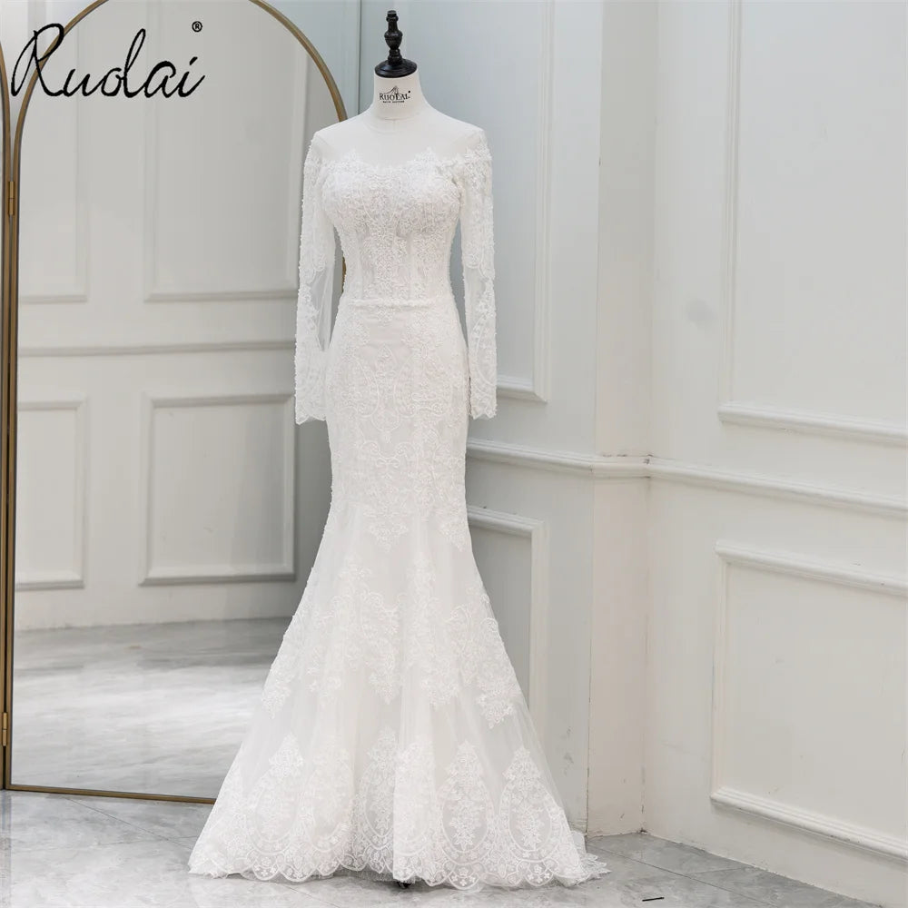 Ruolai QW01930 Pearl Lace Long Sleeve Scoop Neckline Zippered Button Back Mermaid Modest Wedding Dress Dresses