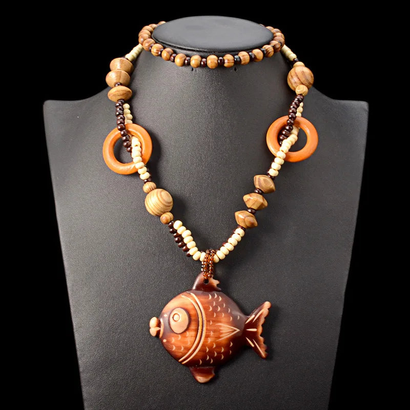 Collares Para Mujer Boho African Vintage Wood Animal Fish Pendant Necklace Sweater Chain Wooden Necklace