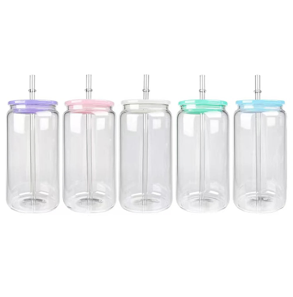 16oz Clear Glass Cans Sublimation Blanks Glass Cups with Colored Lids Portable Personalized Gift Business Gift