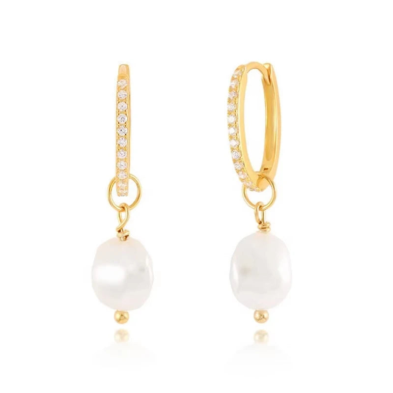 S925 Sterling Silver Jewelry Trendy Micro Zircon Hoops Irregular Natural Pearl Earrings for Women