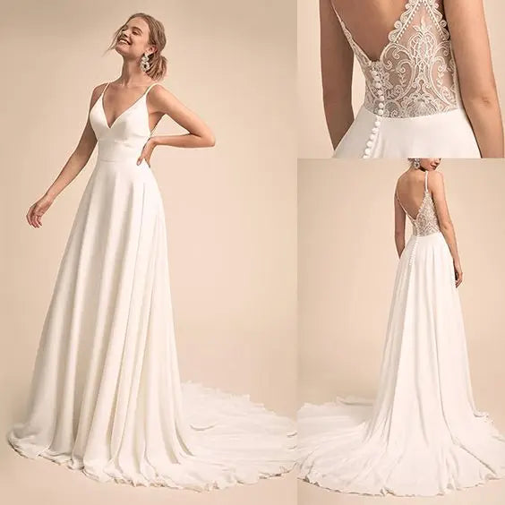 Simple Spaghetti Strap Spandex a Line V Neck Wedding Dress Illusion Lace BUttons Back Sweep Train Bridal Gowns 2025